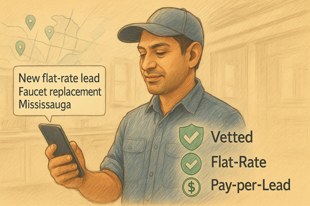 Hand-drawn colored sketch of a South Asian handyman checking a phone with a nearby overlay reading “New flat-rate lead – Faucet replacement – Mississauga,” plus badges for Vetted, Flat-Rate, and Pay-per-Lead.